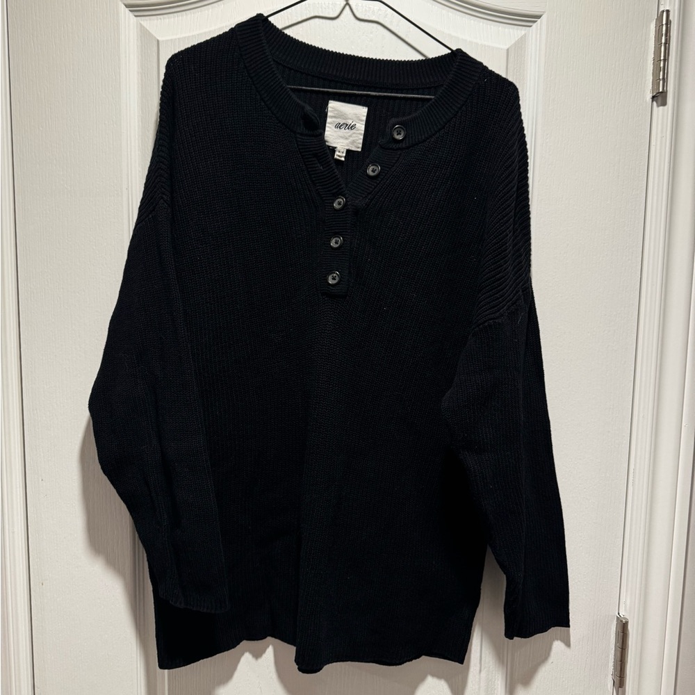 aerie Black Waffle-Knit Henley Sweater